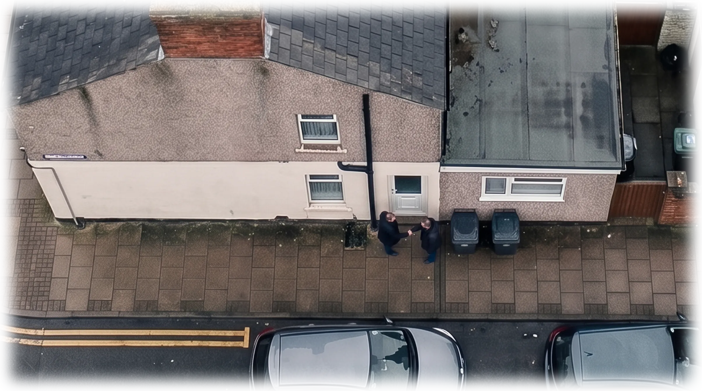 Two people shaking hands at the front door, seen from above